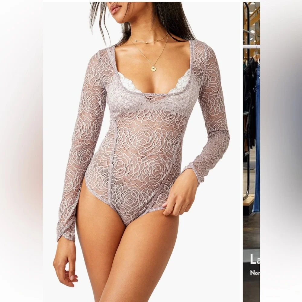 NWT Free People Lace Bodysuit S Sheer Long Sleeve Scoop Neck Floral Gray Lilac